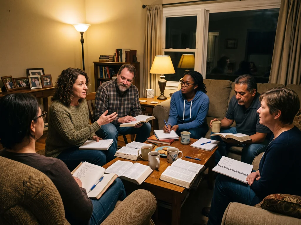 Um grupo bíblico reunido em uma sala